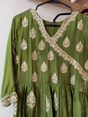 Indian Dress with heavy work olive green color (Pure silk )